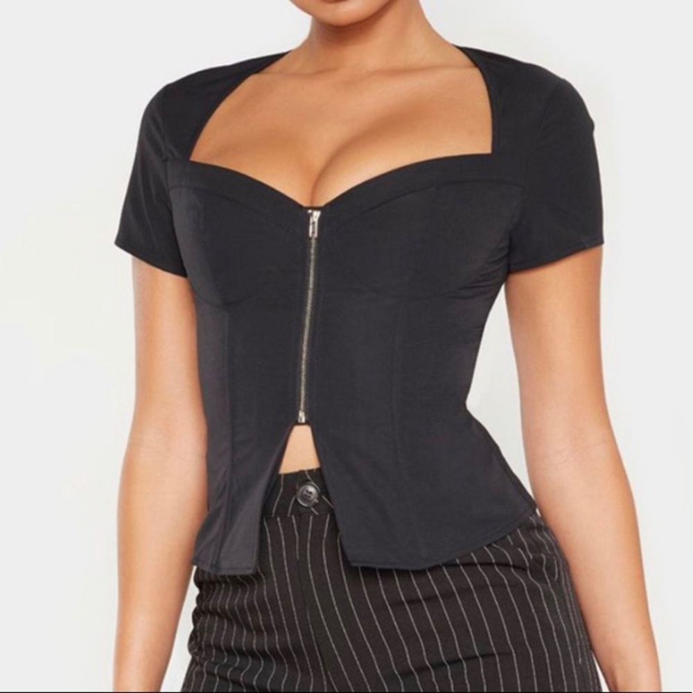 Black Woven Zip Front Corset Top